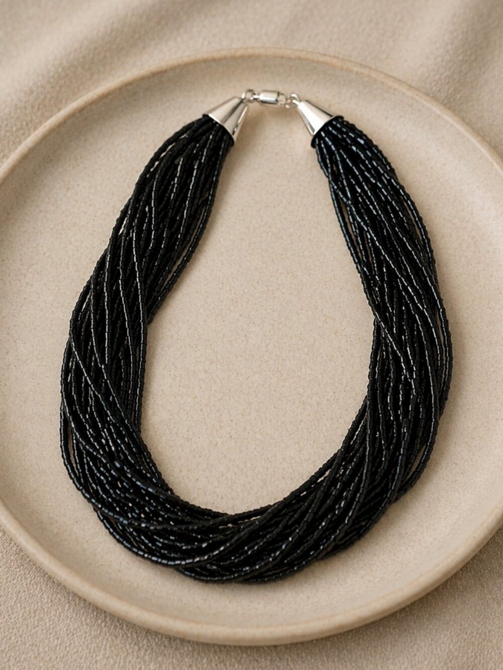 Black Statement Multi-Strand Layered Beaded Necklace